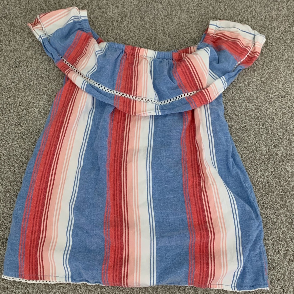 Blue, white and red striped off the shoulder